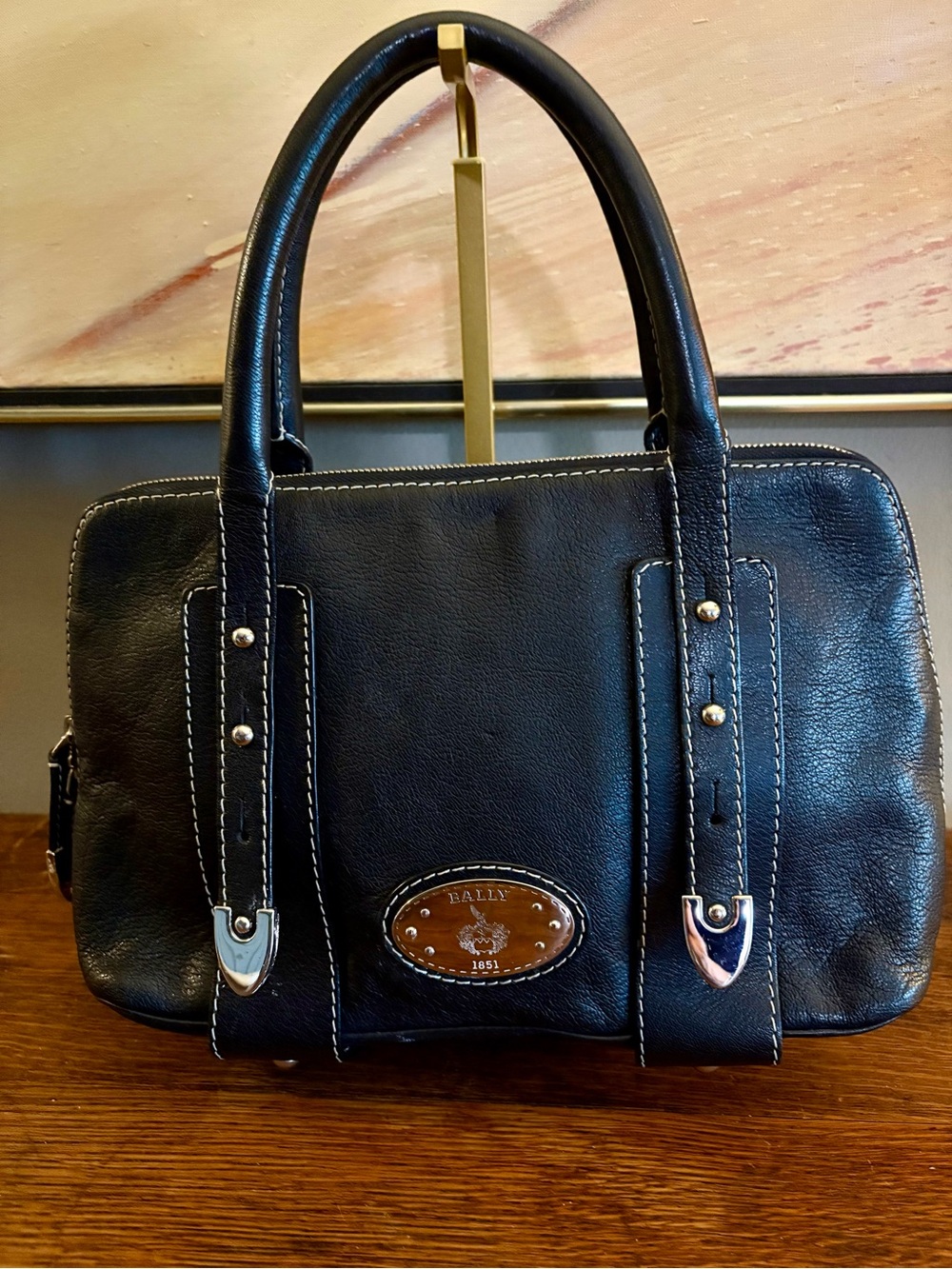 Bally Vintage Black Leather Lorri Satchel Bag Crest Medallion Contrast Stitch